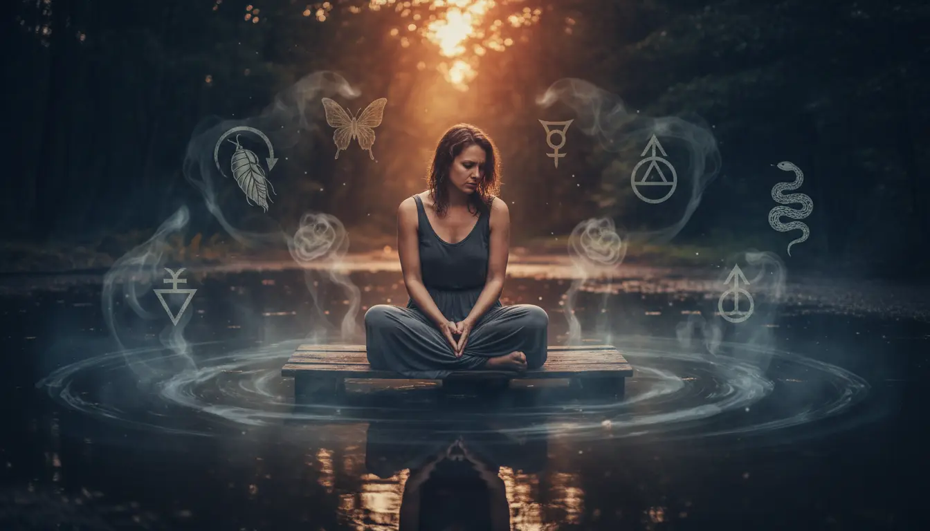 Kobieta w głębokim zamyśleniu otoczona symbolami wody i transformacji ilustrująca emocjonalną głębię i intensywność znaku zodiaku Skorpion