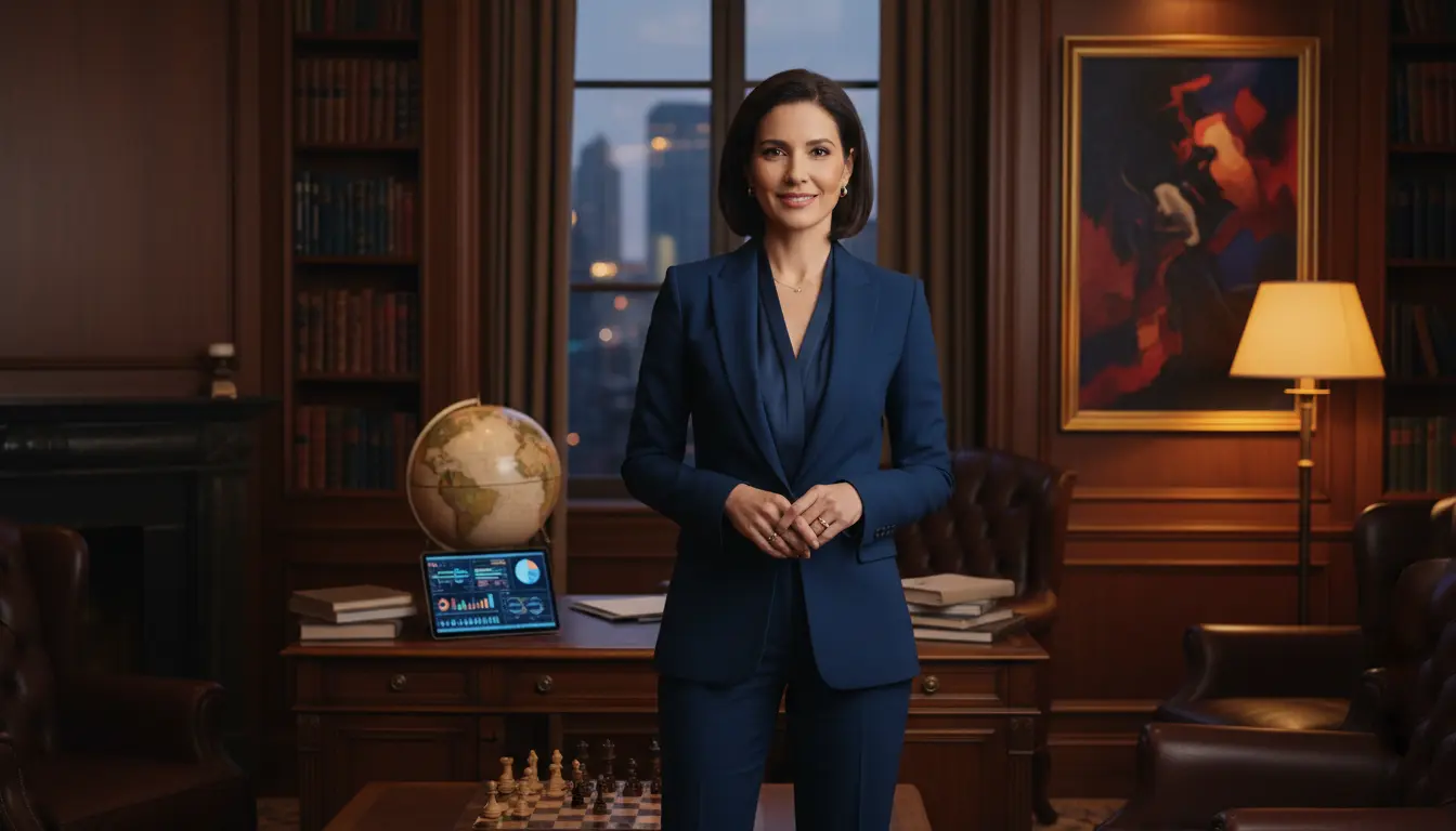 Pewna siebie kobieta w profesjonalnym ciemnym otoczeniu z elementami strategii i władzy symbolizująca kariery i przywódcze cechy znaku zodiaku Skorpion