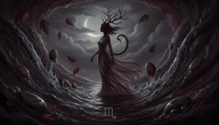 Tajemnicza estetyka znaku zodiaku Skorpion z bordowymi i czarnymi tonami symbolizująca intensywność i transformację tego wodnego znaku