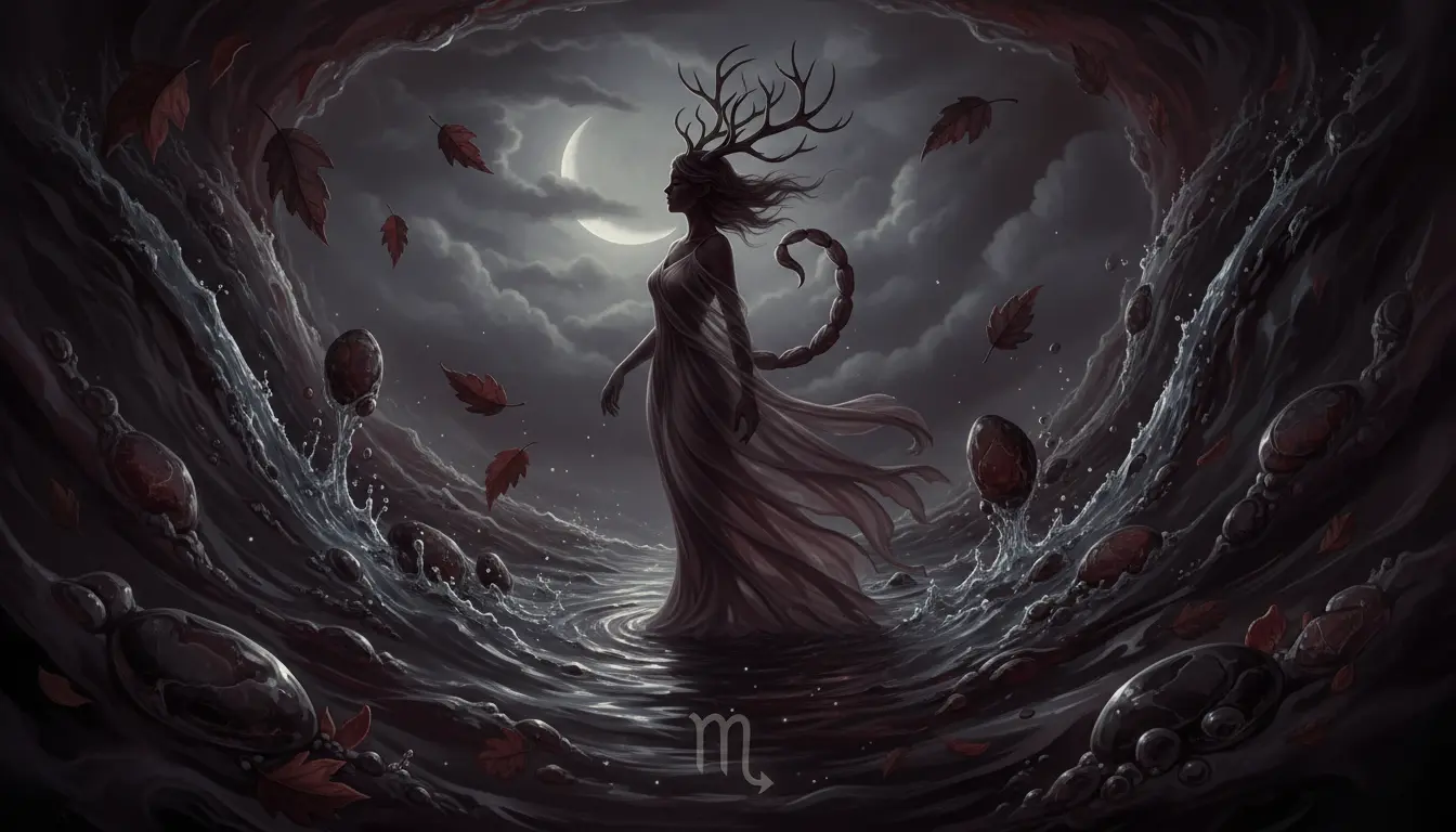 Tajemnicza estetyka znaku zodiaku Skorpion z bordowymi i czarnymi tonami symbolizująca intensywność i transformację tego wodnego znaku