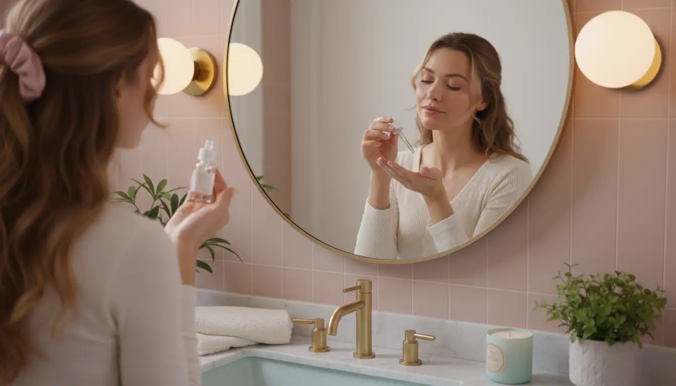 Kobieta nakładająca serum z retinolem na twarz przed lustrem podczas wieczornej rutyny pielęgnacyjnej w ciepłym oświetleniu łazienki