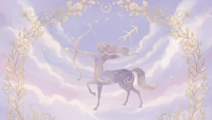 Mistyczny centaur łucznik na tle gwiaździstego nieba z konstelacją Strzelca w ciepłych fioletowo-złotych barwach symbolizujący cechy znaku zodiaku Strzelec