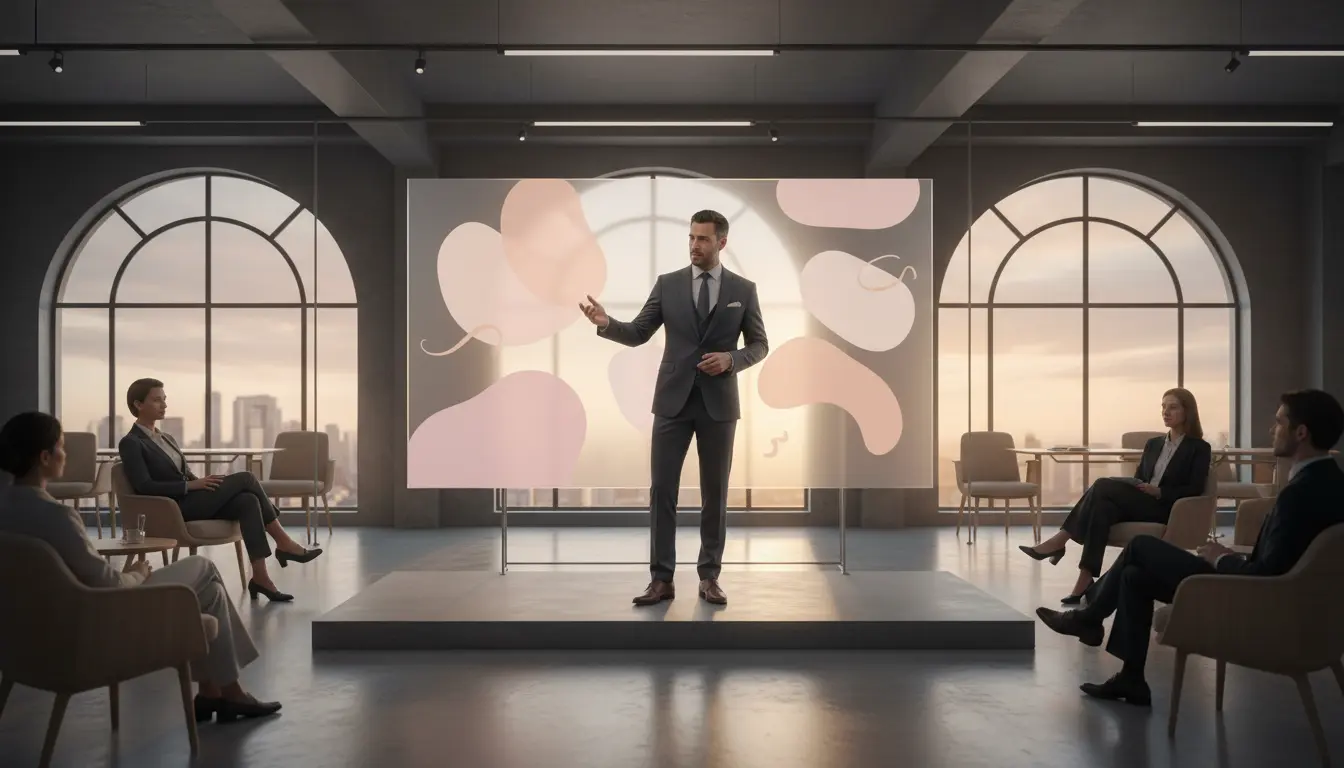 Pewny siebie mężczyzna w garniturze prowadzący prezentację w biurze symbolizujący zdolności przywódcze imienia Tadeusz