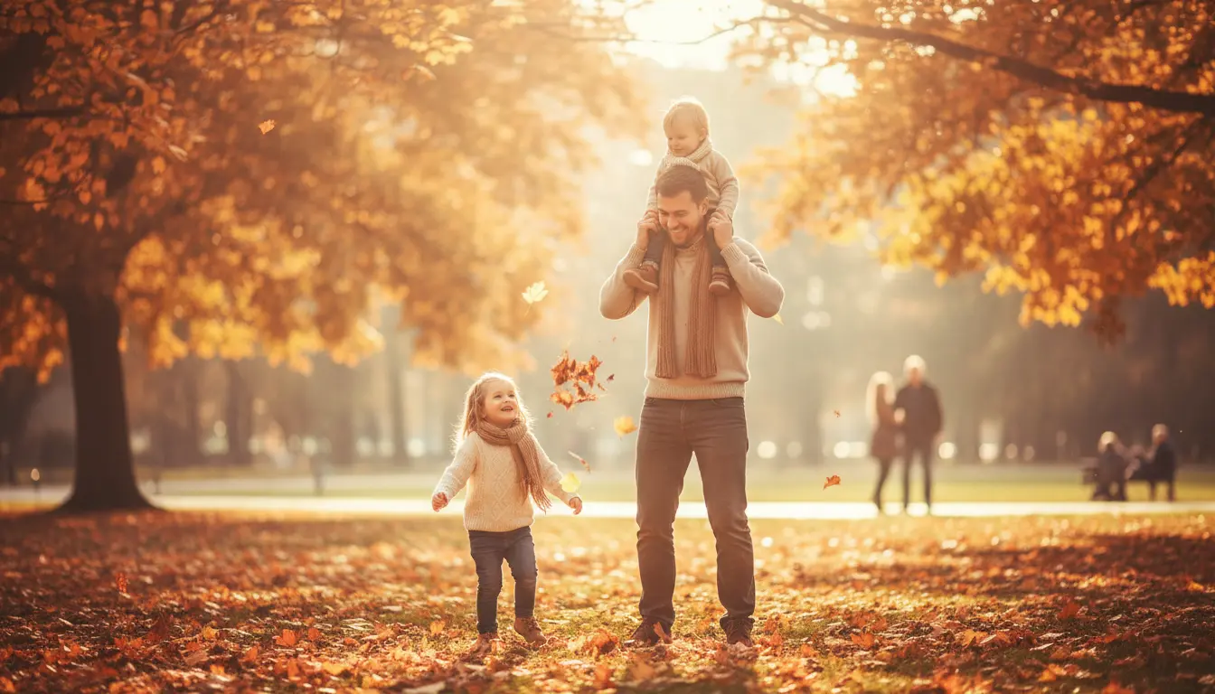 Ojciec bawiący się z dziećmi w jesiennym parku symbolizujący rodzinne wartości mężczyzn o imieniu Tadeusz