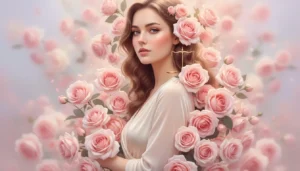 Piękna kobieta otoczona różami i symbolem wagi szalkowej symbolizująca harmonię i piękno znaku zodiaku Waga pod patronatem Wenus