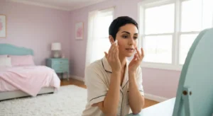 Kobieta podczas porannej rutyny pielęgnacyjnej z witaminą C na twarz przy lustrze w pastelowej sypialni