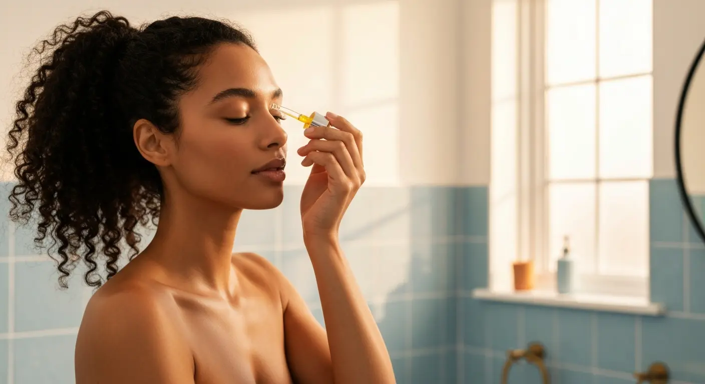 Kobieta nakładająca serum z witaminą C na twarz podczas porannej pielęgnacji w jasnej pastelowej łazience