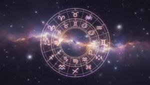 Zgodność znaków zodiaku przedstawiona na kole zodiakalnym z dwunastoma symbolami konstelacji na tle gwieździstego kosmosu