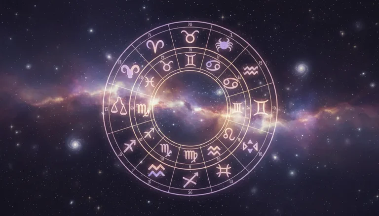 Zgodność znaków zodiaku przedstawiona na kole zodiakalnym z dwunastoma symbolami konstelacji na tle gwieździstego kosmosu