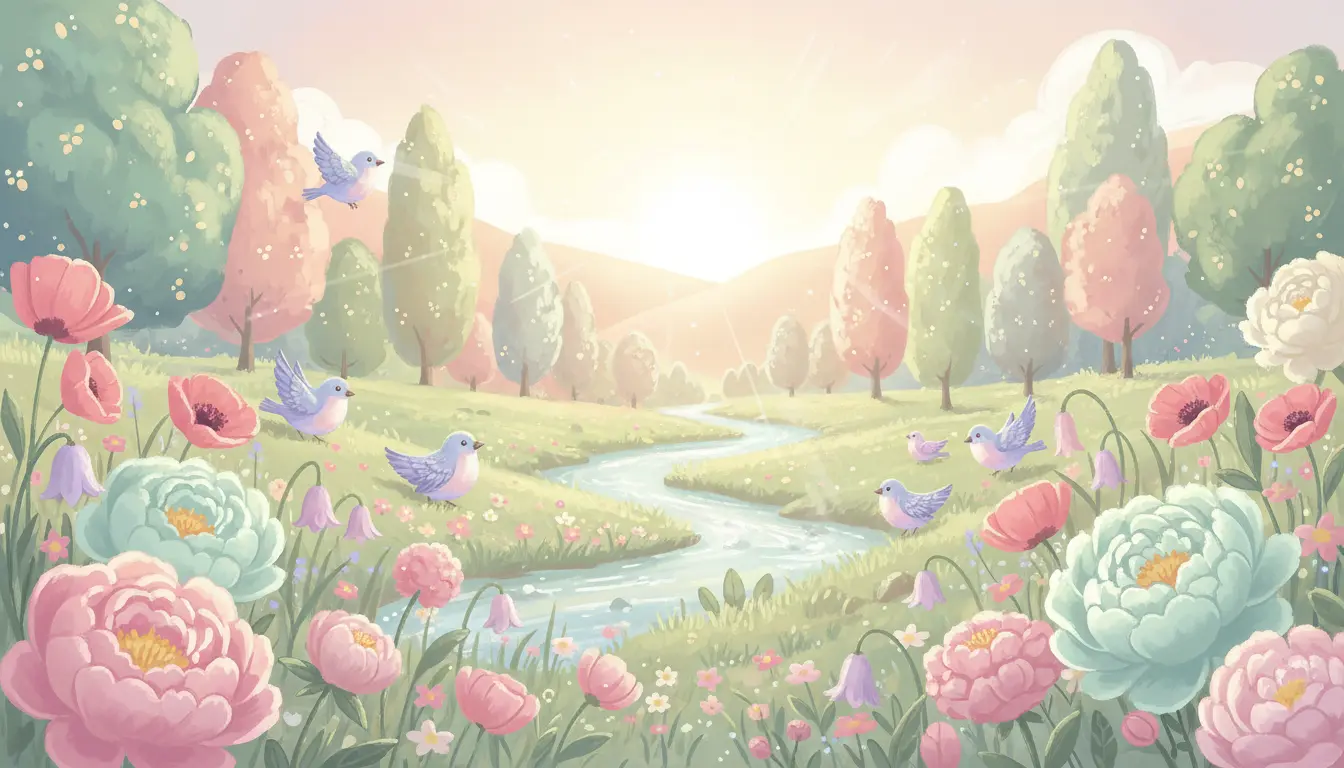 Ciepła pastelowa ilustracja spokojnej natury z kwiatami i ptakami symbolizująca znaczenie imienia Franciszek i pokój ducha