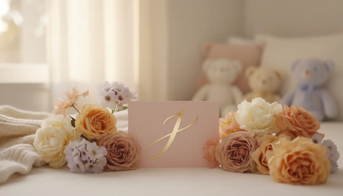 Elegancka kartka z literą J otoczona kwiatami symbolizująca hebrajskie pochodzenie i znaczenie imienia Jan Bóg jest łaskawy