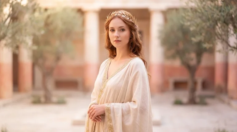 Elegancka młoda kobieta z wieńcem laurowym symbolizującym znaczenie imienia Laura pochodzącego od łacińskiego słowa laurus zwycięstwo