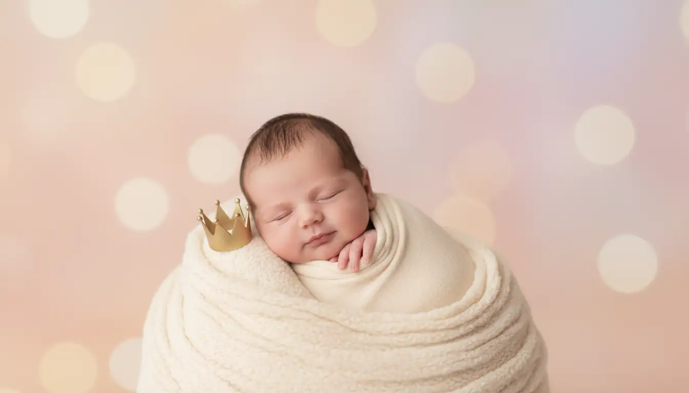 Śpiący noworodek chłopiec owinięty w kremowy kocyk ze złotą koroną symbolizujący popularność imienia Leon jako piątego najpopularniejszego imienia dla chłopców w Polsce