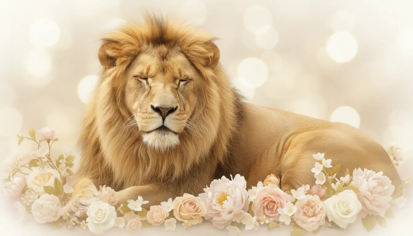 Majestatyczny złoty lew odpoczywający w ciepłym świetle symbolizujący znaczenie imienia Leon jako symbol siły odwagi i królewskiej godności