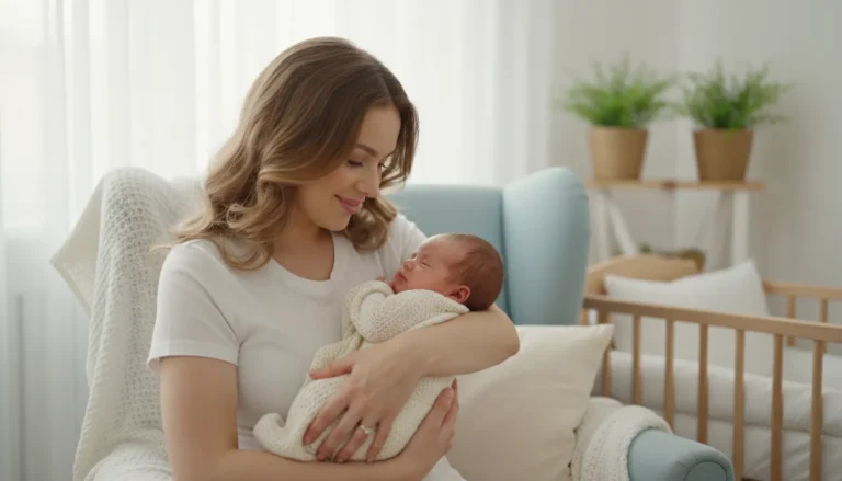 Kobieta o imieniu Maria czule trzymająca noworodka na ręach w ciepłym domowym otoczeniu symbolizująca znaczenie imienia Maria związane z macierzyństwem miłością i opiekuńczością