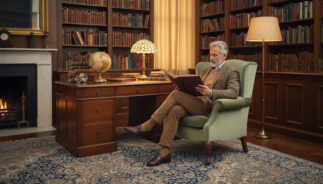Elegancki mężczyzna czytający książkę w przytulnym gabinecie symbolizujący mądrość i szlachetność imienia Tadeusz