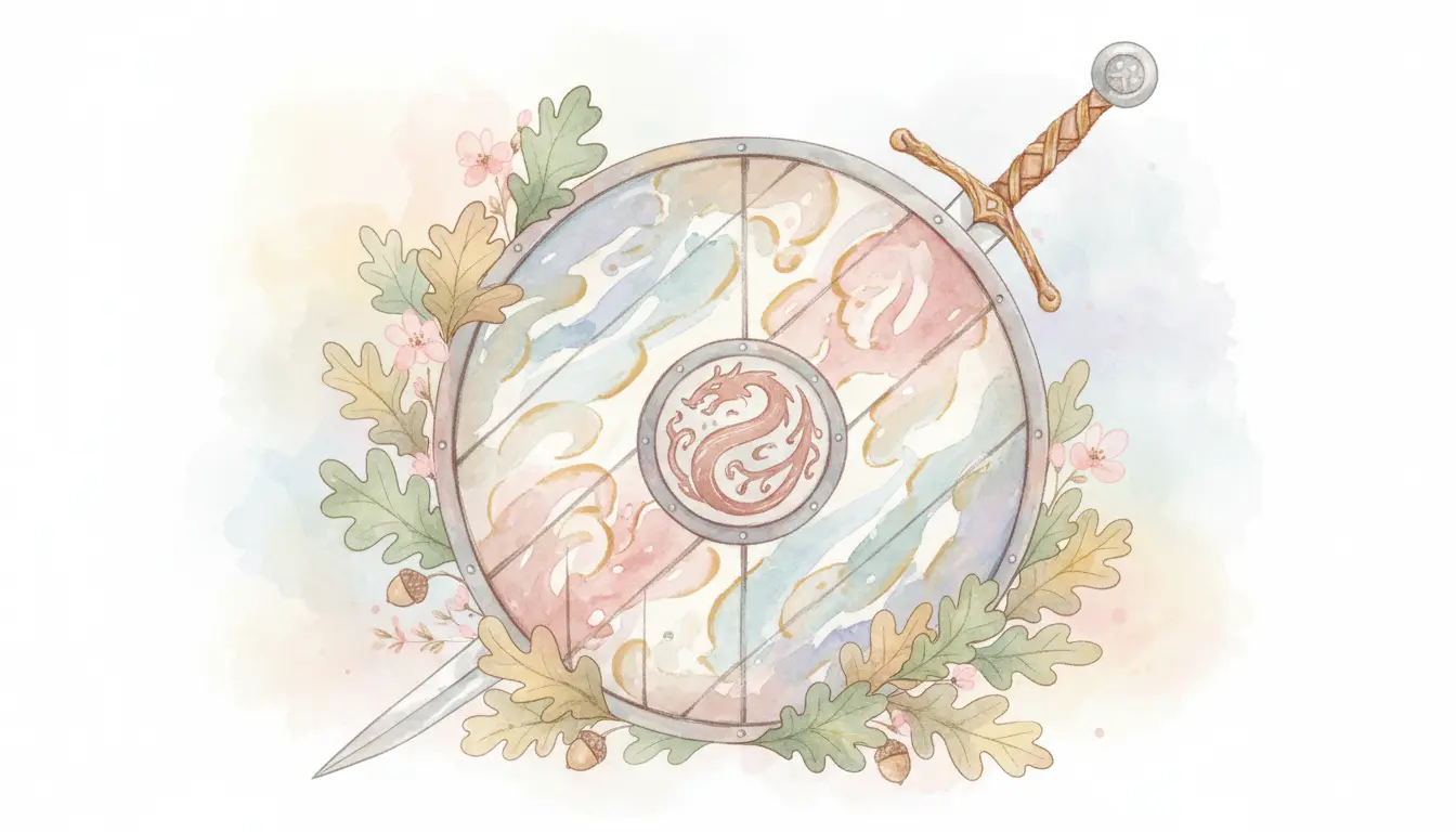 Słowiańskie pochodzenie imienia Wojciech – ilustracja rycerskiego herbu z mieczem i liśćmi dębu w ciepłych barwach