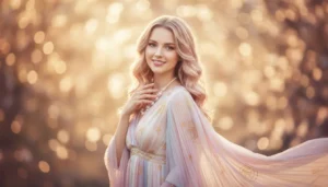 Znaczenie imienia Zofia - elegancka młoda kobieta symbolizująca mądrość i greckie pochodzenie imienia Sophia w ciepłej pastelowej atmosferze