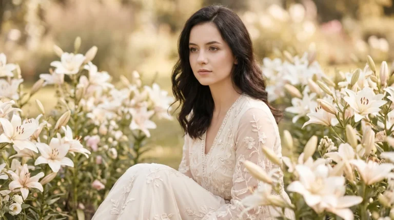 Elegancka młoda kobieta otoczona białymi liliami symbolizującymi znaczenie imienia Zuzanna pochodzącego od hebrajskiego słowa lilia