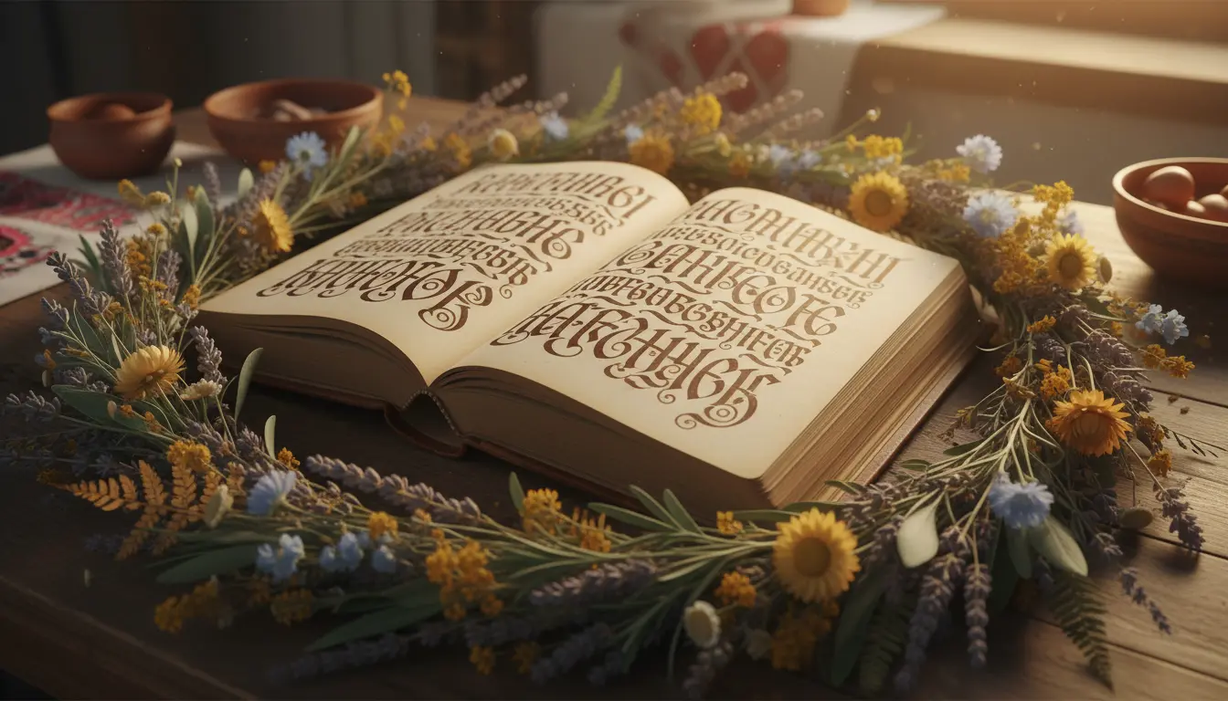 Stara otwarta księga otoczona ziołami i kwiatami symbolizująca budowę i znaczenie dawnych imion słowiańskich dwuczłonowych