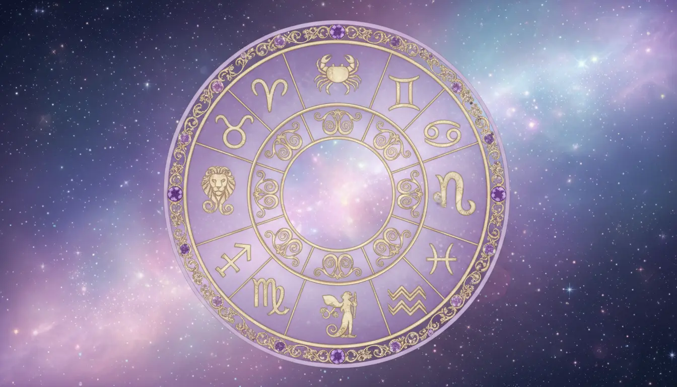 Kolo zodiakalne z dwunastoma symbolami znakow zodiaku w kolejnosci od Barana do Ryb z dokladnymi datami w pastelowych fioletowo-zlotych barwach