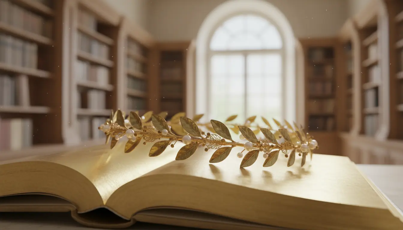 Elegancka ilustracja otwartej książki z złotymi stronami i wieńcem laurowym symbolizująca bogatą historię imienia Aleksander