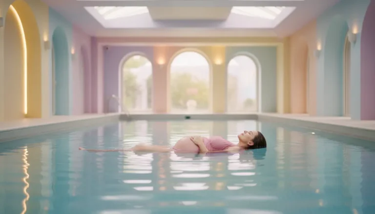 Kobieta w ciąży pływająca w czystym basenie krytym podczas bezpiecznej sesji pływania w drugim trymestrze ciąży