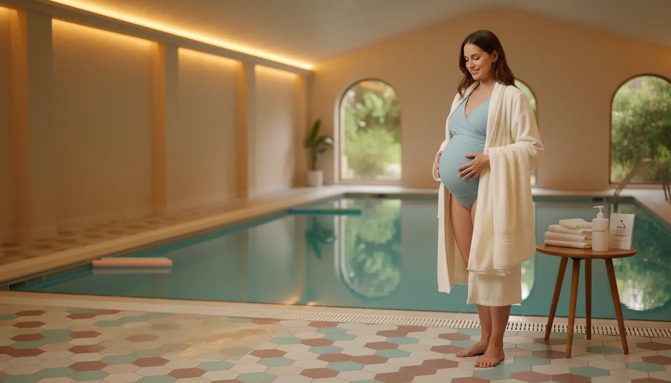 Kobieta w ciąży stojąca przy basenie z ręcznikiem zachowująca zasady higieny i bezpieczeństwa podczas wizyty na pływalni