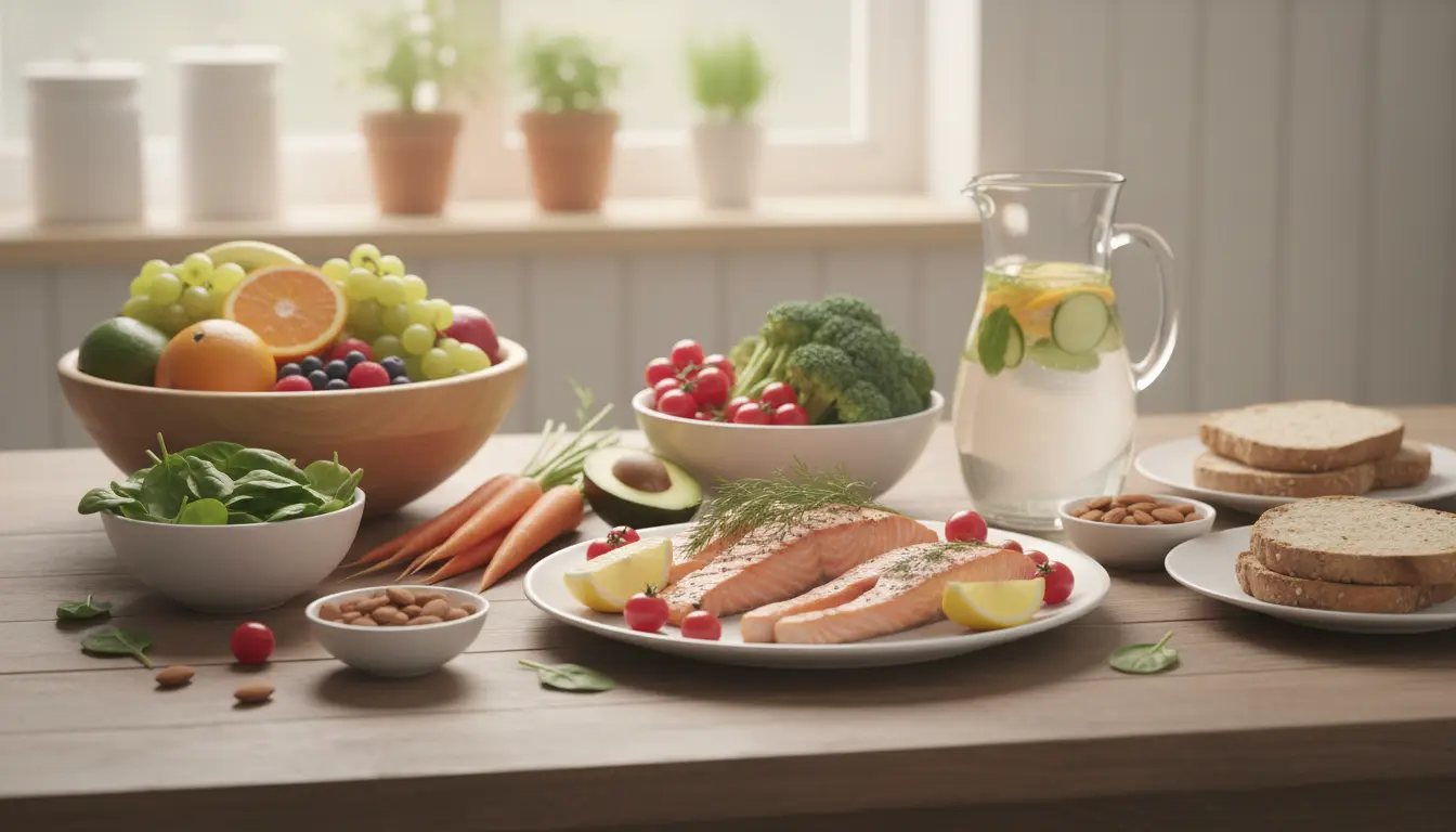 Zdrowe składniki diety w ciąży jako alternatywa dla parówek - świeże warzywa owoce i chude białko na kuchennym stole