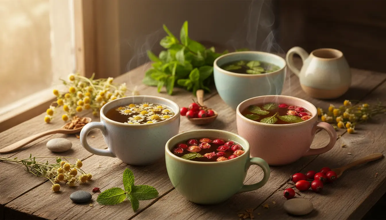 Różne bezpieczne herbaty ziołowe w ciąży w ceramicznych filiżankach z suszonymi kwiatami rumianku liśćmi mięty i korzeniem imbiru na drewnianym stole