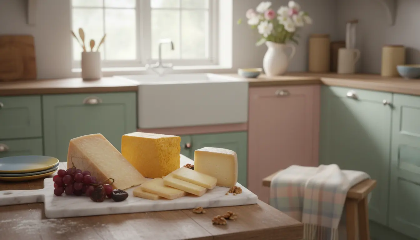 Selekcja bezpiecznych serów twardych w ciąży parmezan cheddar i gouda na marmurowej desce w ciepłej kuchni