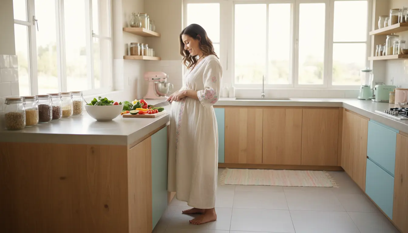 Kobieta w ciąży przygotowująca bezpieczny posiłek w jasnej kuchni z parówkami gotowanymi do odpowiedniej temperatury