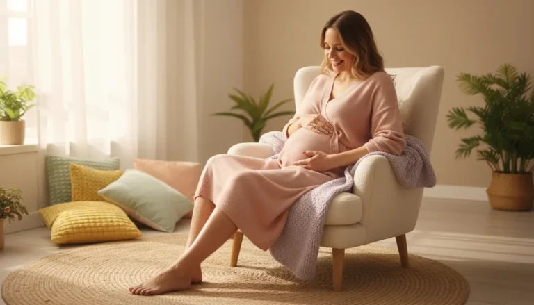 Szczęśliwa kobieta w ciąży relaksująca się w domu z zadbanymi stopami po pedicure hybrydowym w pastelowych kolorach