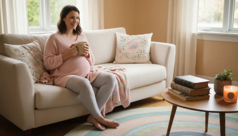 Kobieta w ciąży pijąca herbatę ziołową w przytulnym salonie z ciepłym oświetleniem i pastelowymi kolorami