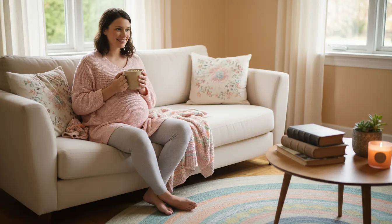 Kobieta w ciąży pijąca herbatę ziołową w przytulnym salonie z ciepłym oświetleniem i pastelowymi kolorami