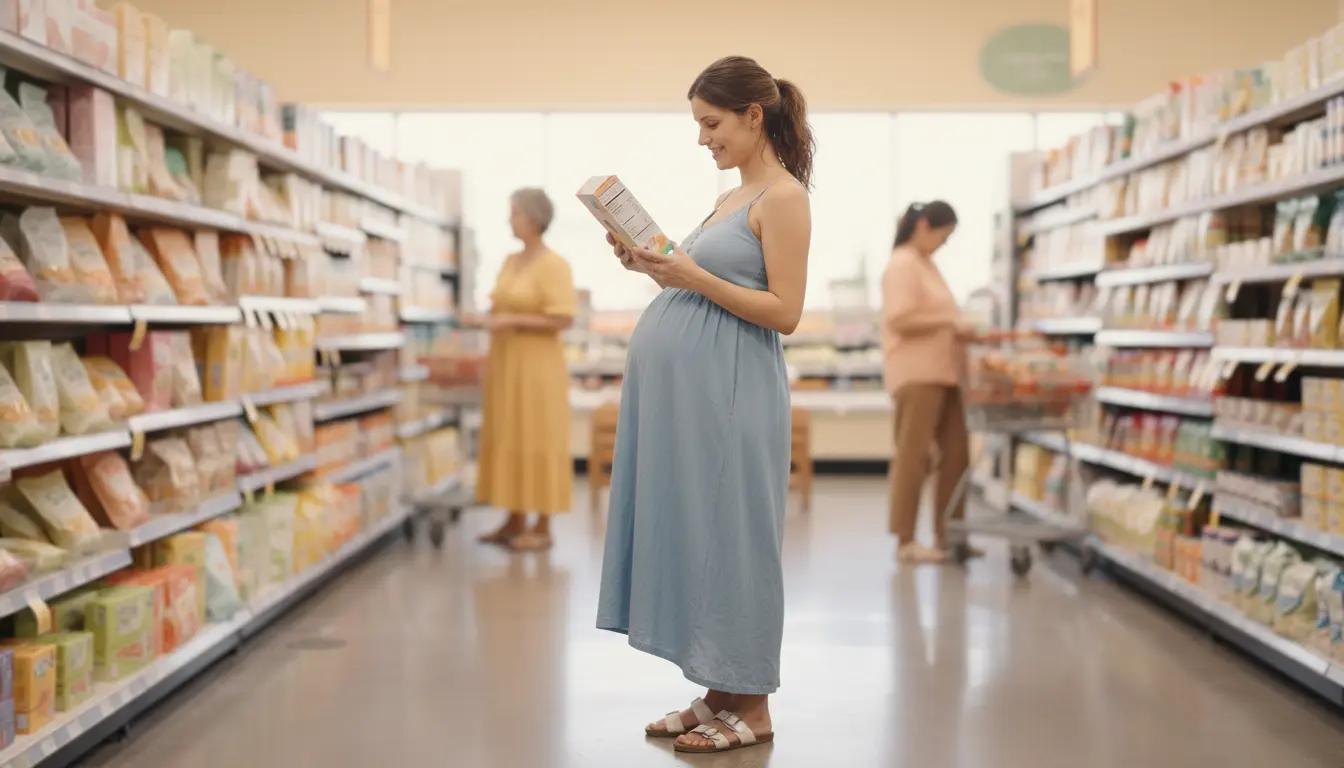 Kobieta w ciąży uważnie czytająca etykietę produktu spożywczego w sklepie sprawdzając skład parówek pod kątem bezpieczeństwa