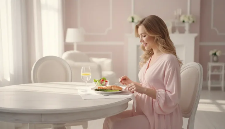 Kobieta w ciąży jedząca zdrowy posiłek z krewetkami przy stole w ciepłym pastelowym oświetleniu jako element zdrowej diety ciążowej