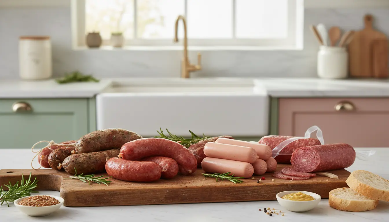 Różne rodzaje parówek na drewnianej desce do krojenia porównanie jakości składu i bezpieczeństwa dla kobiet w ciąży