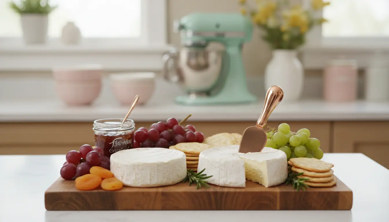 Deska z serami pleśniowymi brie i camembert na drewnianej desce w ciepłej kuchni jako ilustracja artykułu o serze pleśniowym w ciąży