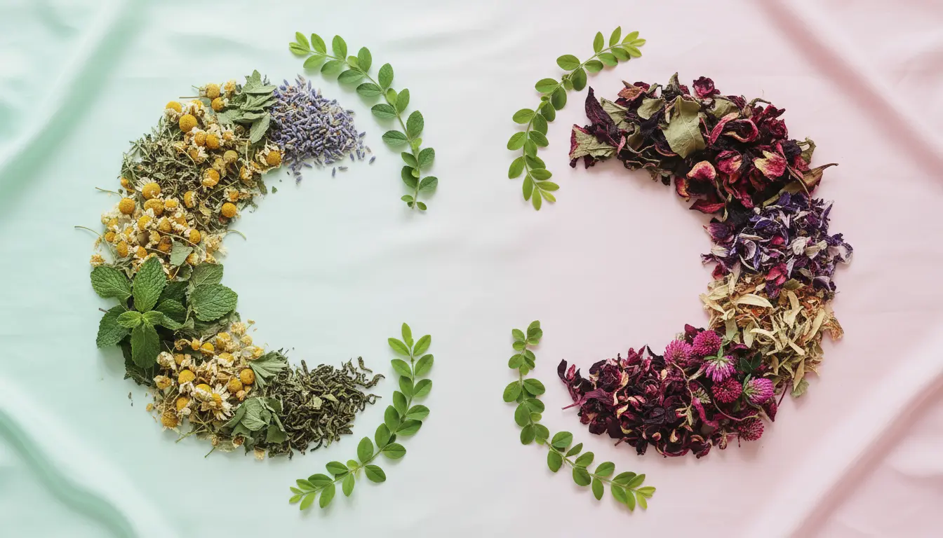 Zioła podzielone na bezpieczne i zakazane w ciąży w pastelowej aranżacji z widocznymi różnicami między grupami