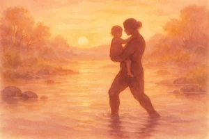 Ciepła pastelowa ilustracja symbolizująca znaczenie imienia Krzysztof niosącego Chrystusa przez rzekę o zachodzie słońca