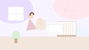 Mama z niemowlęciem analizująca znaczenie imienia Dominik w przytulnym wnętrzu, w pastelowych kolorach i spokojnej rodzinnej atmosferze