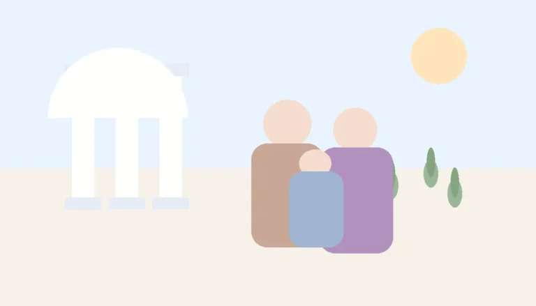 Pastelowa ilustracja inspirowana tematem imiona greckie, rodzina z dzieckiem w jasnym śródziemnomorskim wnętrzu i subtelnym greckim klimacie