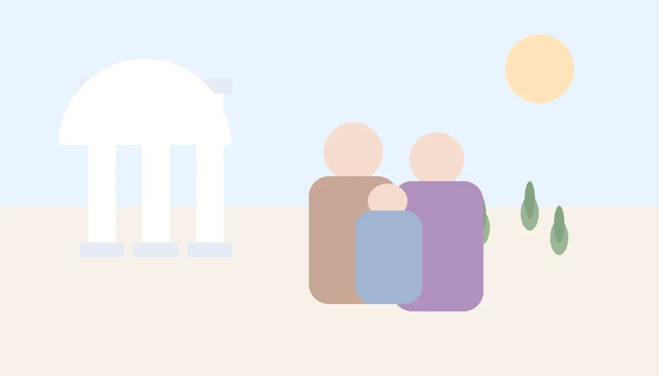 Pastelowa ilustracja inspirowana tematem imiona greckie, rodzina z dzieckiem w jasnym śródziemnomorskim wnętrzu i subtelnym greckim klimacie