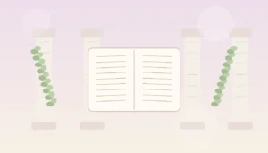 Elegancka pastelowa ilustracja przedstawiająca księgę i rzymskie kolumny jako symbol klasycznych imion łacińskich dla dziewczynek i chłopców