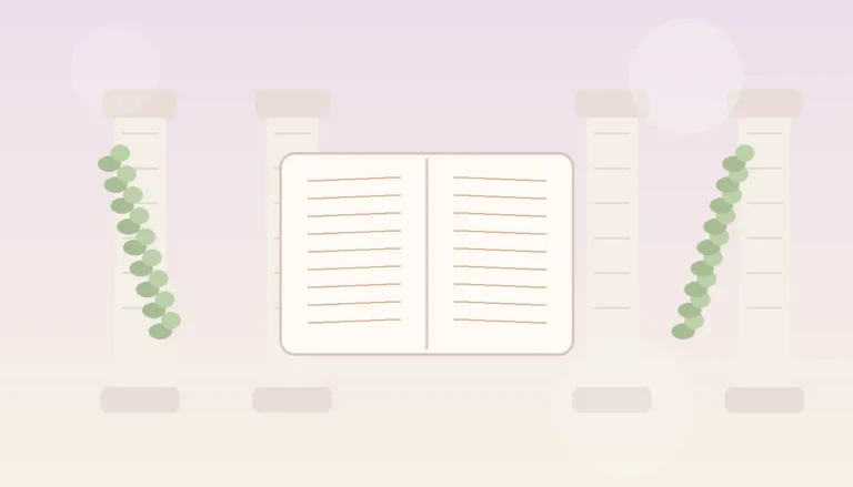 Elegancka pastelowa ilustracja przedstawiająca księgę i rzymskie kolumny jako symbol klasycznych imion łacińskich dla dziewczynek i chłopców