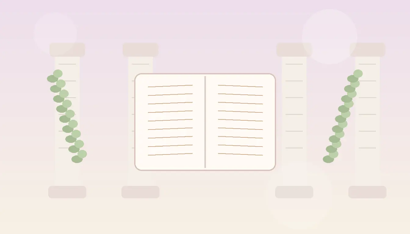 Elegancka pastelowa ilustracja przedstawiająca księgę i rzymskie kolumny jako symbol klasycznych imion łacińskich dla dziewczynek i chłopców