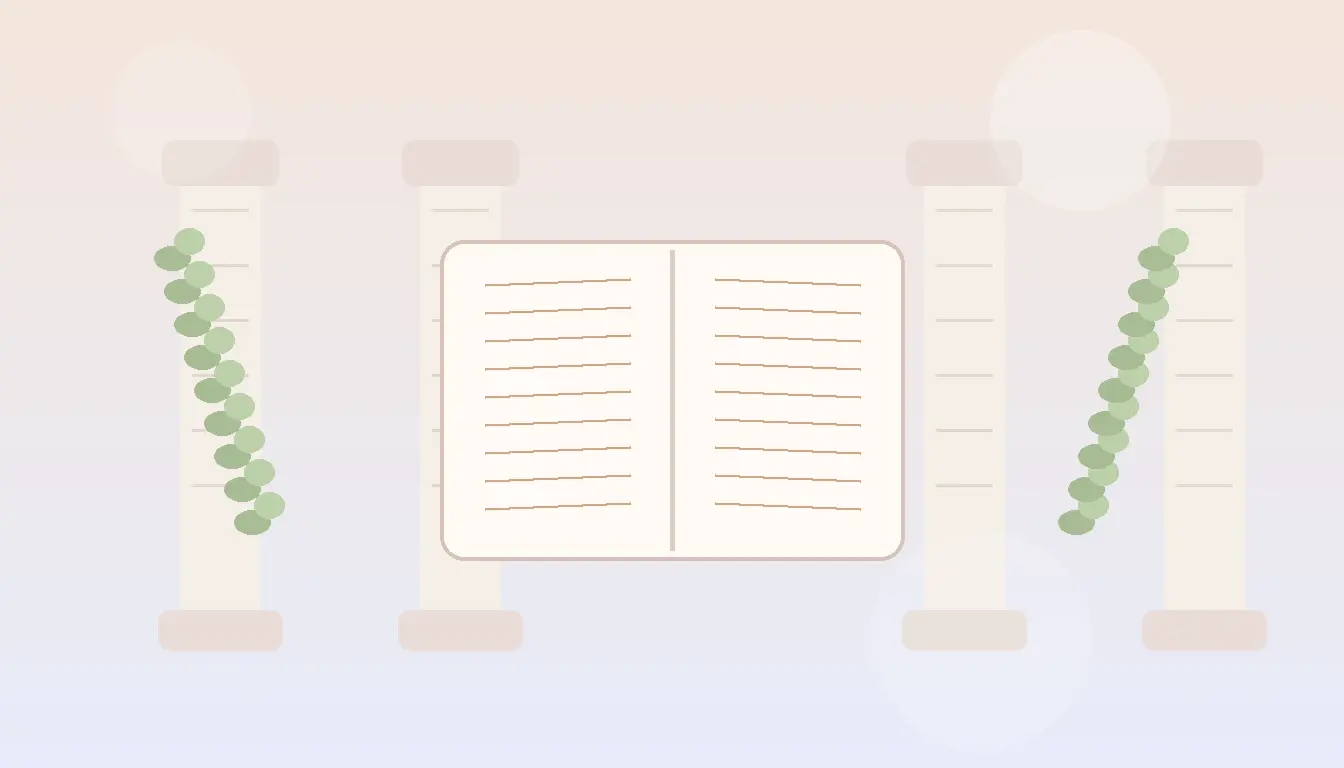 Pastelowa ilustracja z otwartą księgą i motywami rzymskimi pokazująca imiona łacińskie jako elegancką inspirację dla rodziców szukających klasycznego imienia