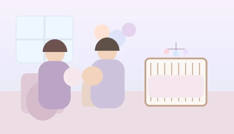 Młodzi rodzice z niemowlęciem w pastelowym pokoju dziecięcym, rodzinna scena ilustrująca wybór imienia Mateusz dla syna