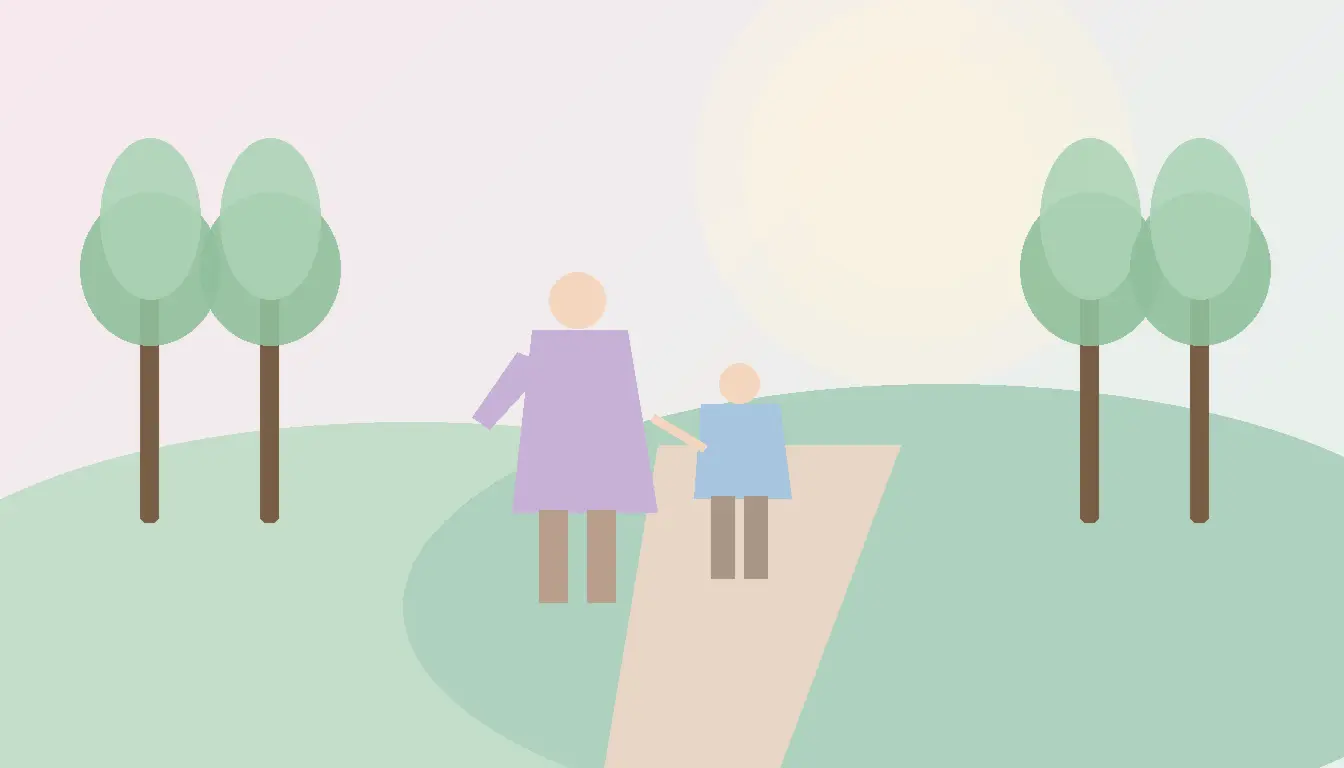 Znaczenie imienia Konrad pokazane jako spokojny rodzinny spacer chłopca z rodzicem w pastelowym parku o ciepłej atmosferze